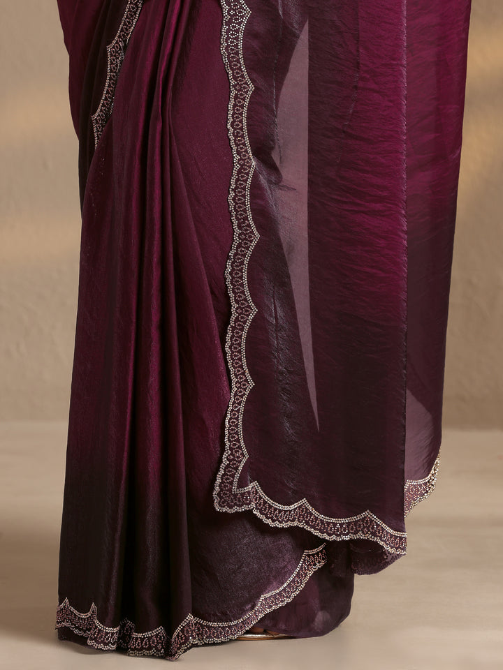 Burgundy Solid Silk Blend Saree With Unstitched Blouse Piece