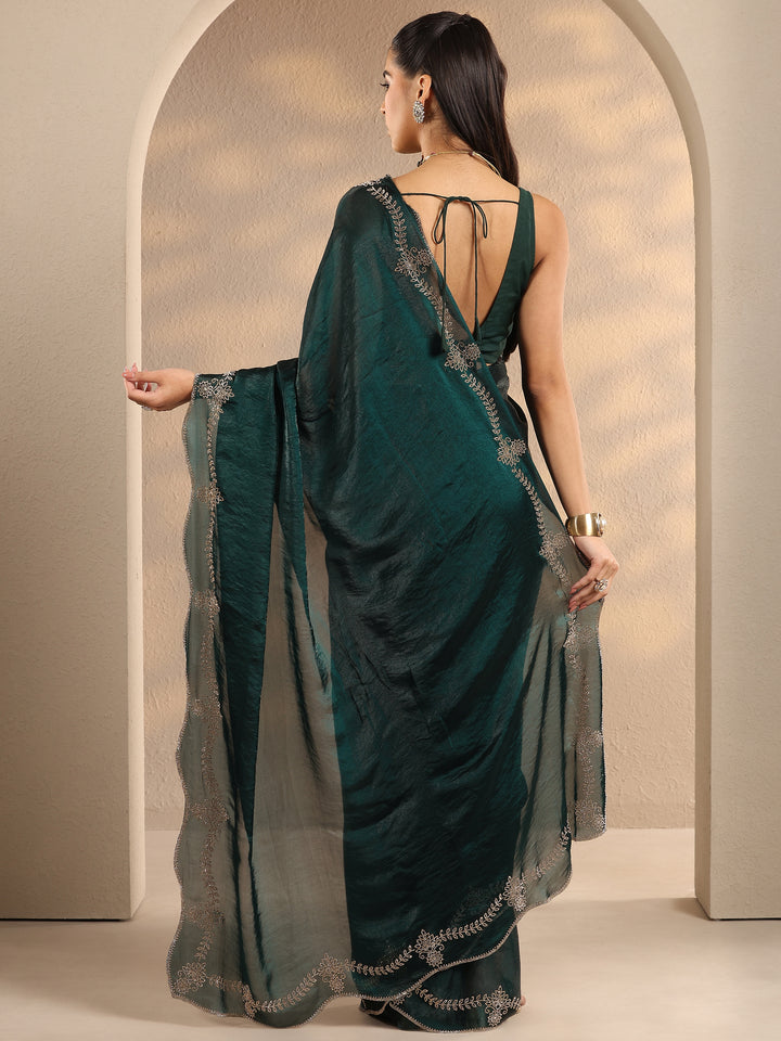 Green Solid Silk Blend Saree With Unstitched Blouse Piece