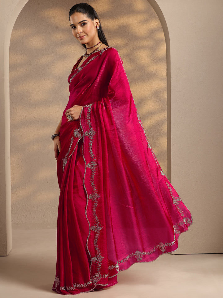 Red Solid Silk Blend Saree With Unstitched Blouse Piece
