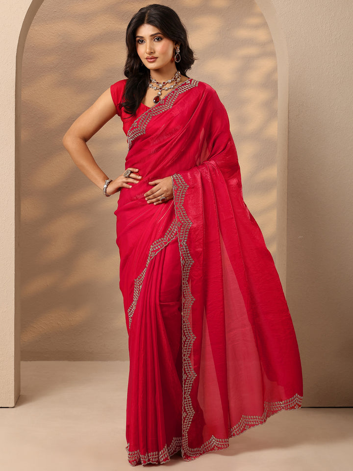 Red Solid Silk Blend Saree With Unstitched Blouse Piece