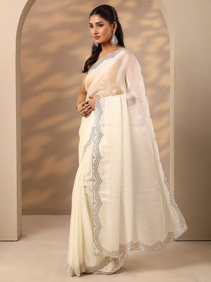 Cream Solid Silk Blend Saree With Unstitched Blouse Piece