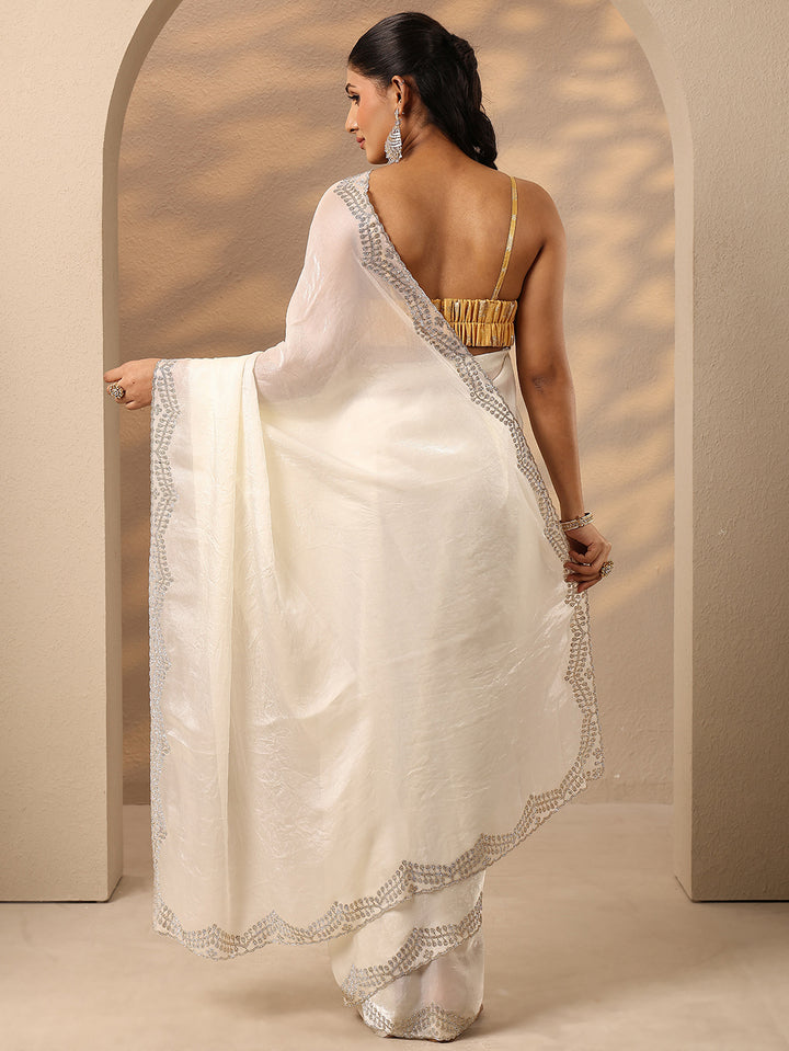 Cream Solid Silk Blend Saree With Unstitched Blouse Piece