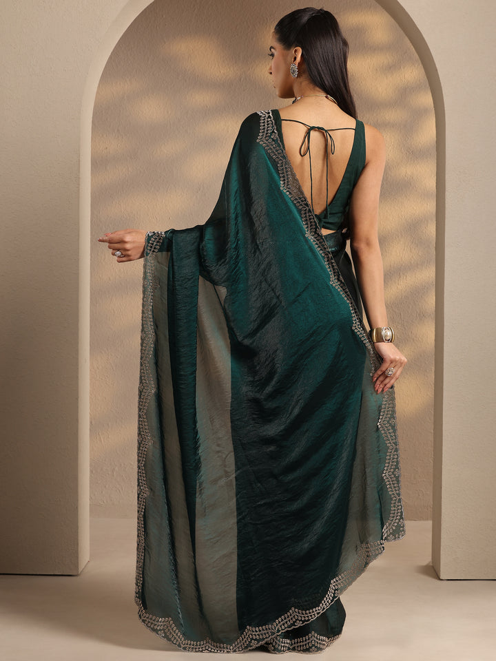 Green Solid Silk Blend Saree With Unstitched Blouse Piece