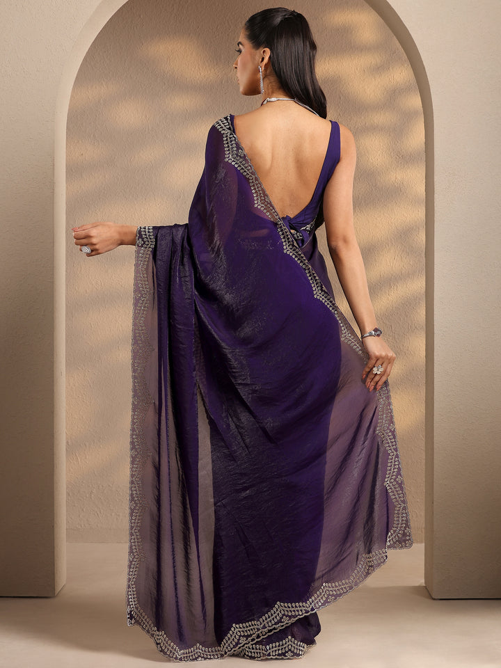 Purple Solid Silk Blend Saree With Unstitched Blouse Piece