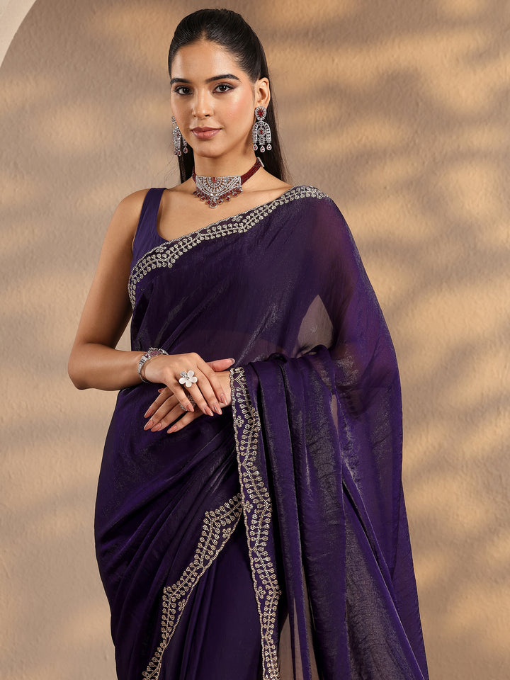 Purple Solid Silk Blend Saree With Unstitched Blouse Piece