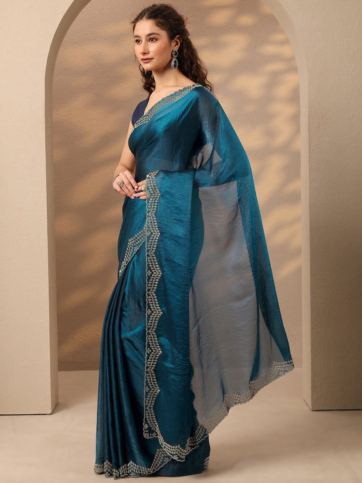 Teal Solid Silk Blend Saree With Unstitched Blouse Piece