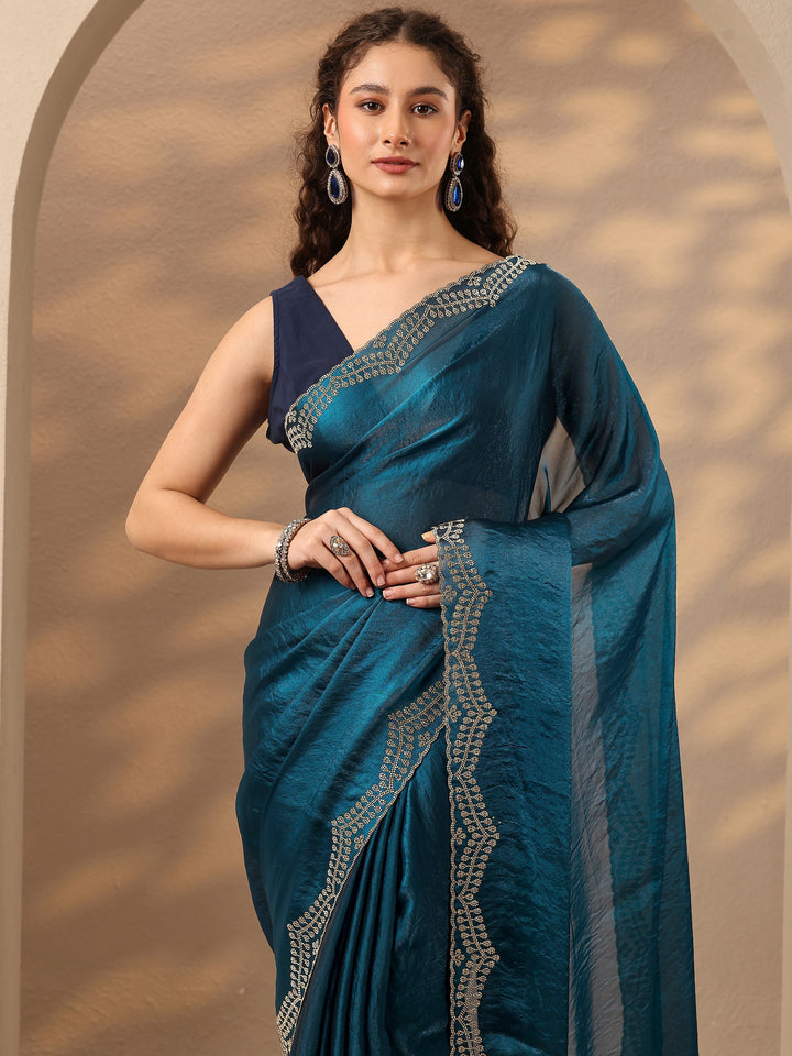 Teal Solid Silk Blend Saree With Unstitched Blouse Piece