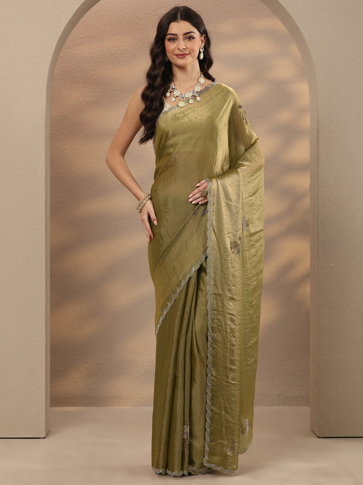 Green Embellished Silk Blend Saree With Unstitched Blouse Piece