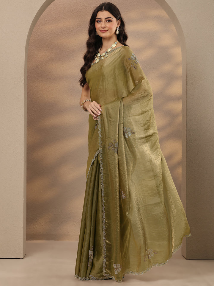 Green Embellished Silk Blend Saree With Unstitched Blouse Piece