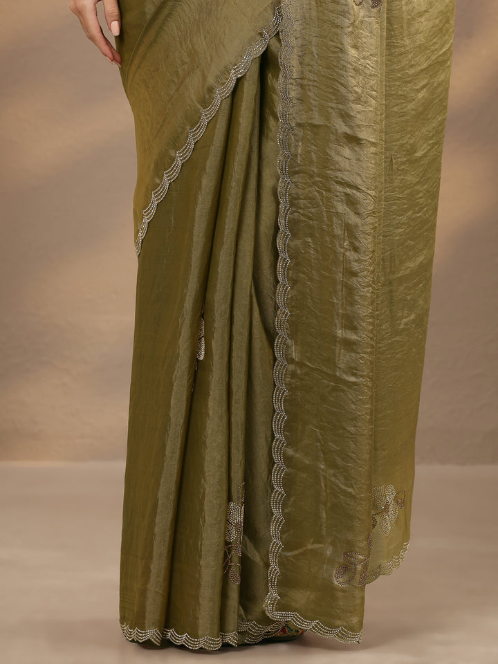 Green Embellished Silk Blend Saree With Unstitched Blouse Piece