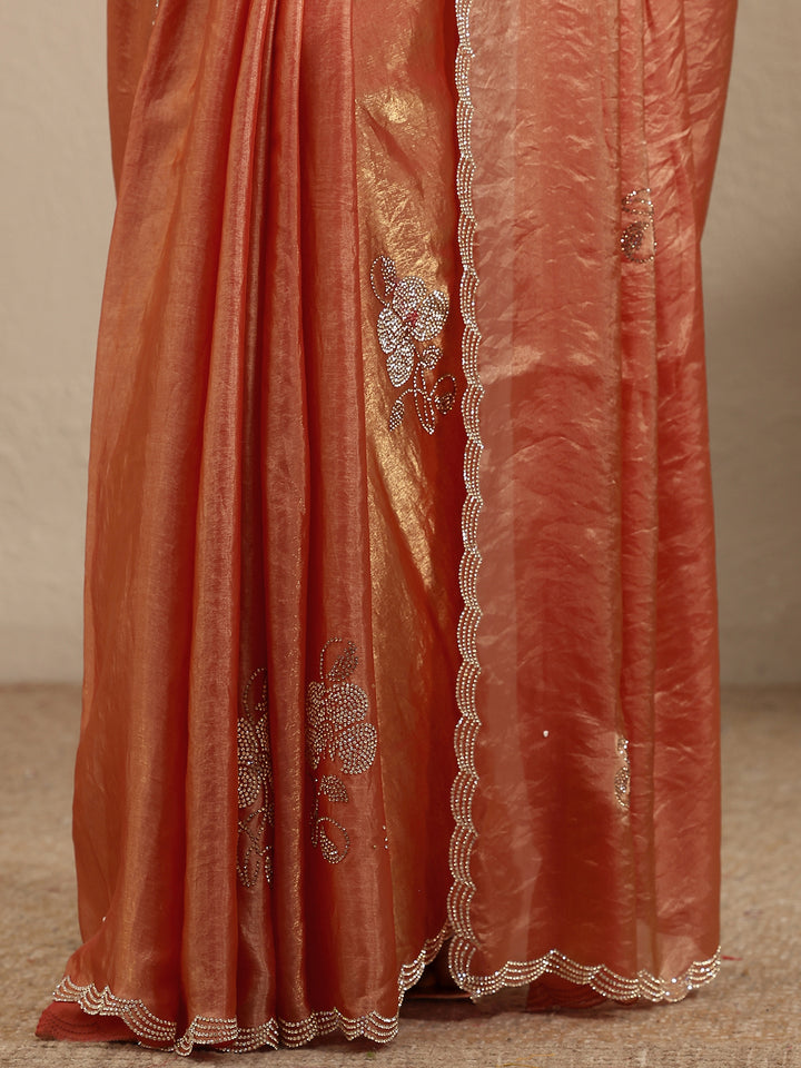 Coral Embellished Silk Blend Saree With Unstitched Blouse Piece