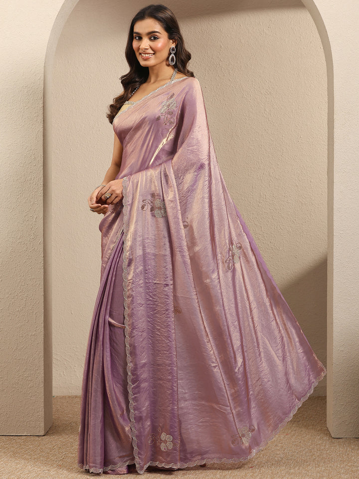 Lavender Embellished Silk Blend Saree With Unstitched Blouse Piece