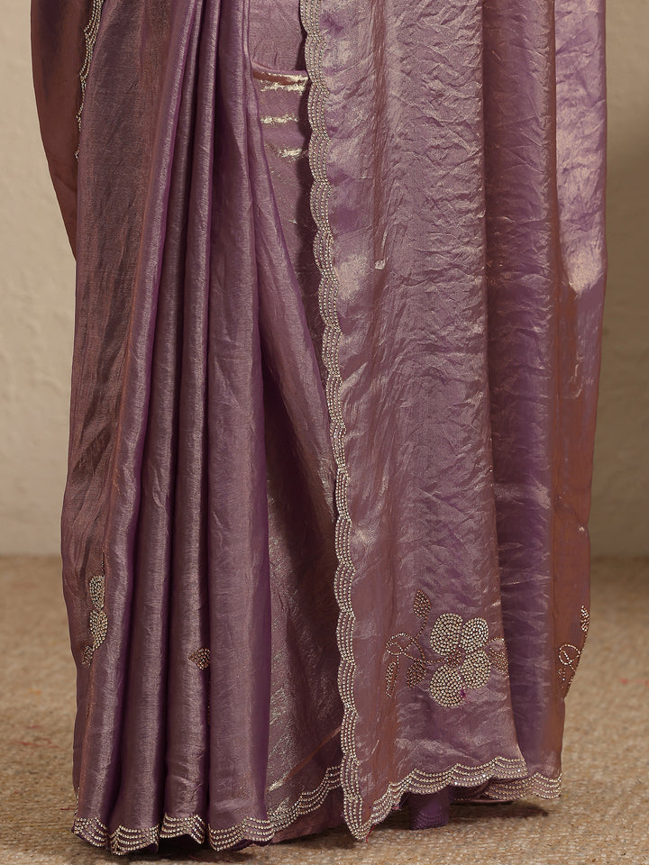 Lavender Embellished Silk Blend Saree With Unstitched Blouse Piece