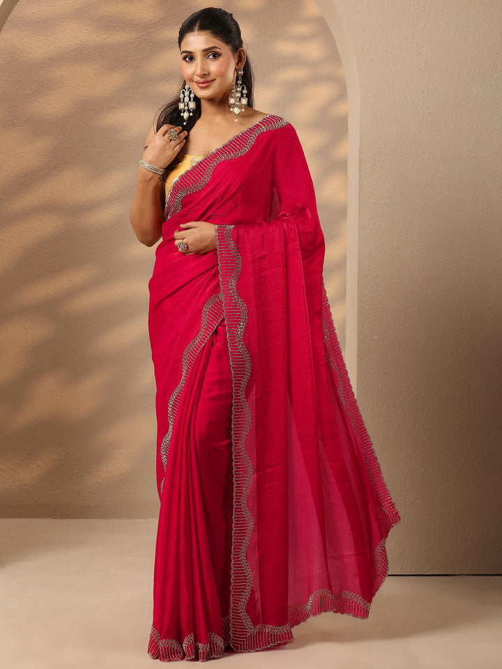 Pink Solid Silk Blend Saree With Unstitched Blouse Piece