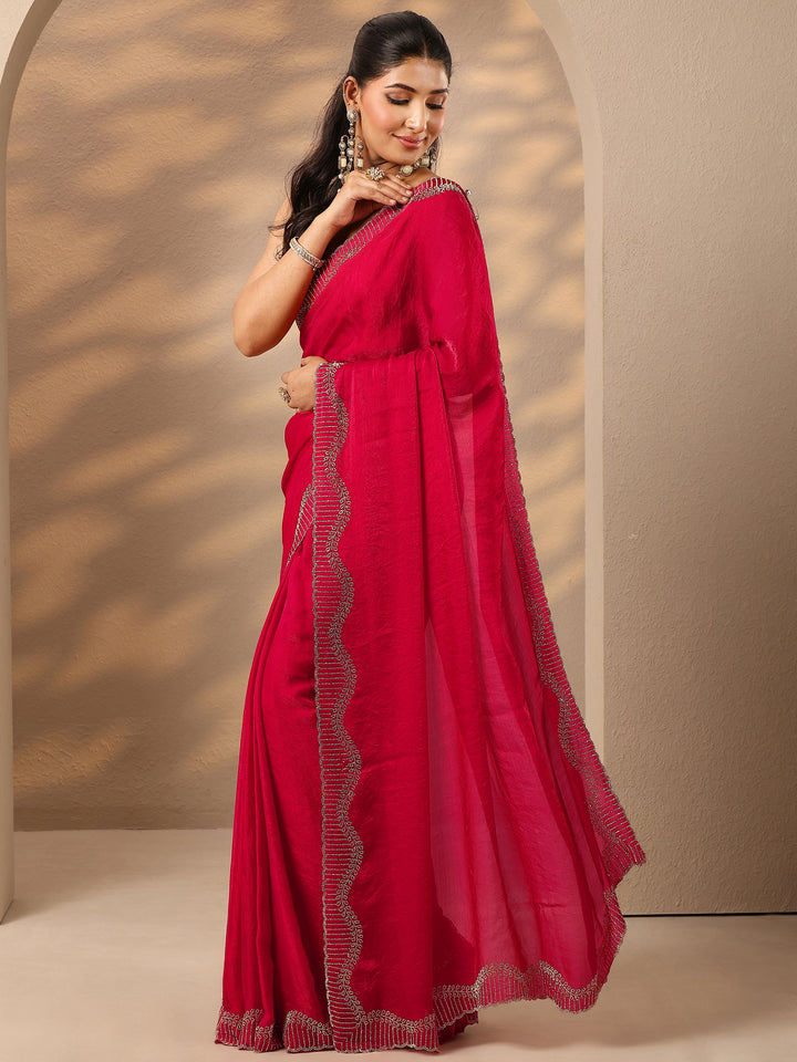 Pink Solid Silk Blend Saree With Unstitched Blouse Piece