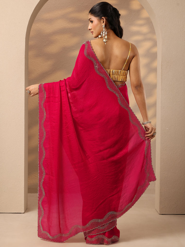 Pink Solid Silk Blend Saree With Unstitched Blouse Piece