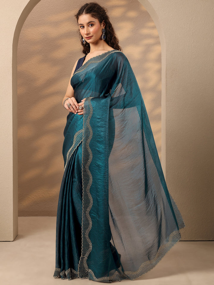 Teal Solid Silk Blend Saree With Unstitched Blouse Piece