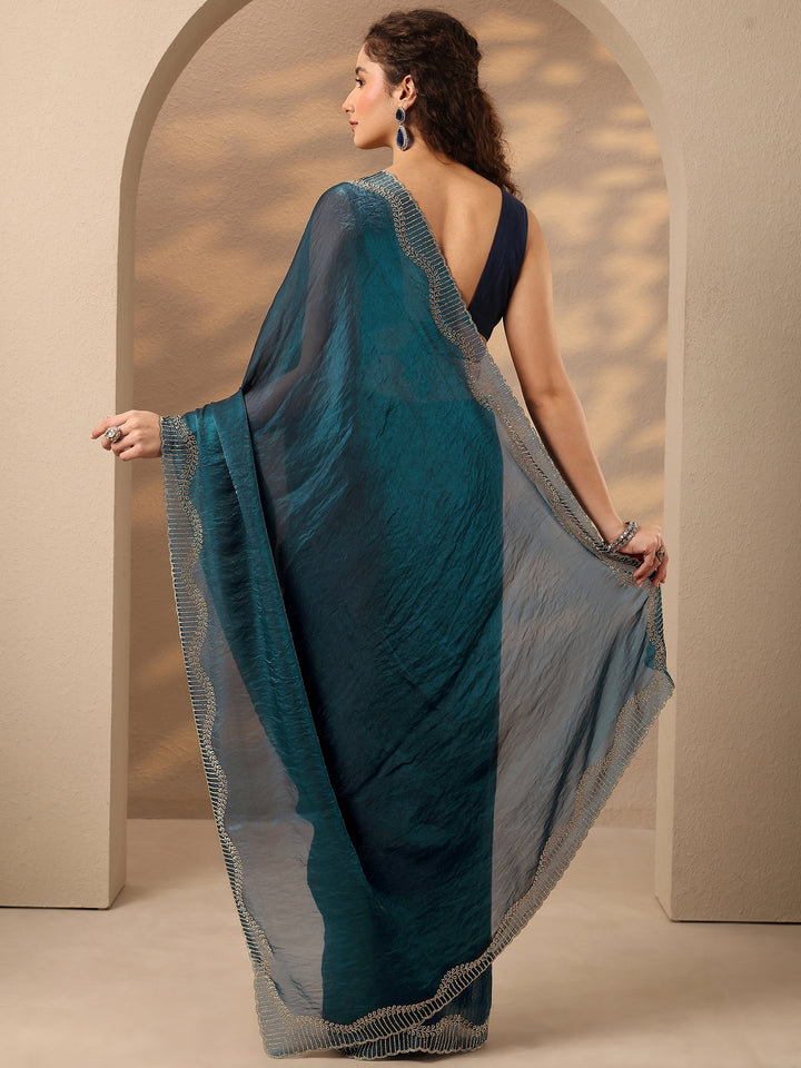 Teal Solid Silk Blend Saree With Unstitched Blouse Piece