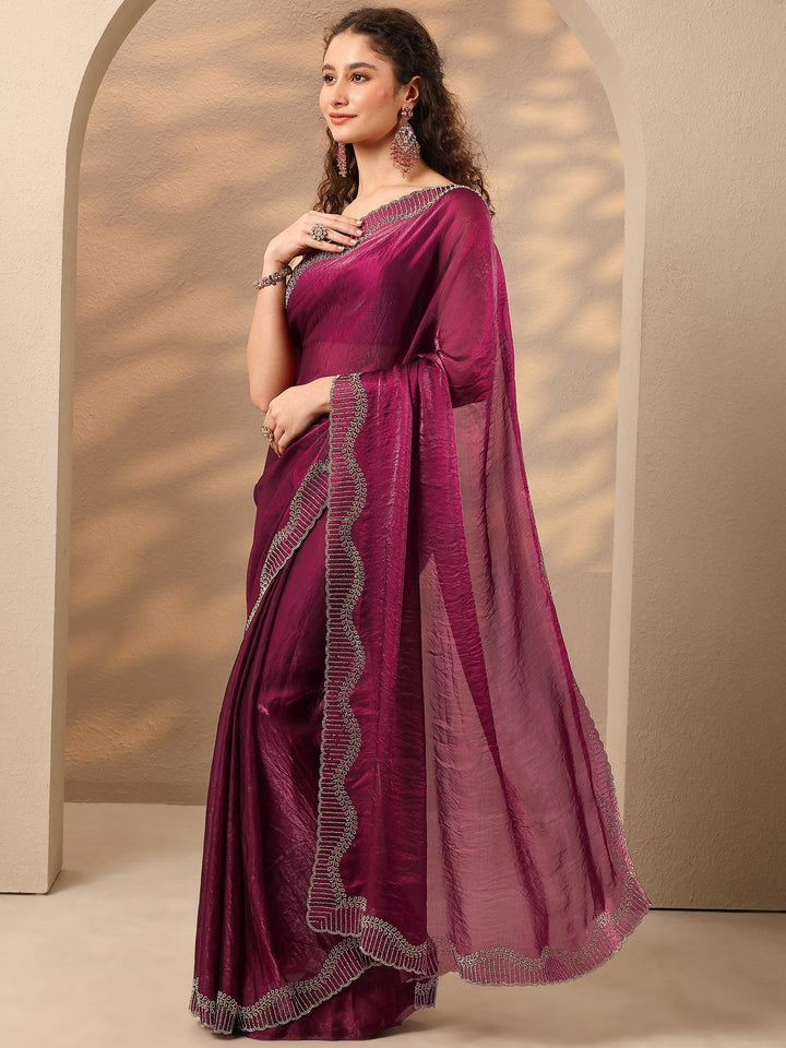 Maroon Solid Silk Blend Saree With Unstitched Blouse Piece