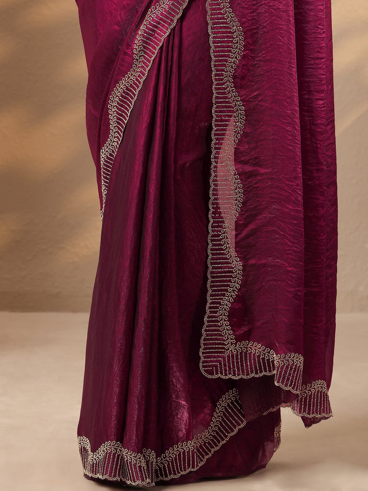 Maroon Solid Silk Blend Saree With Unstitched Blouse Piece
