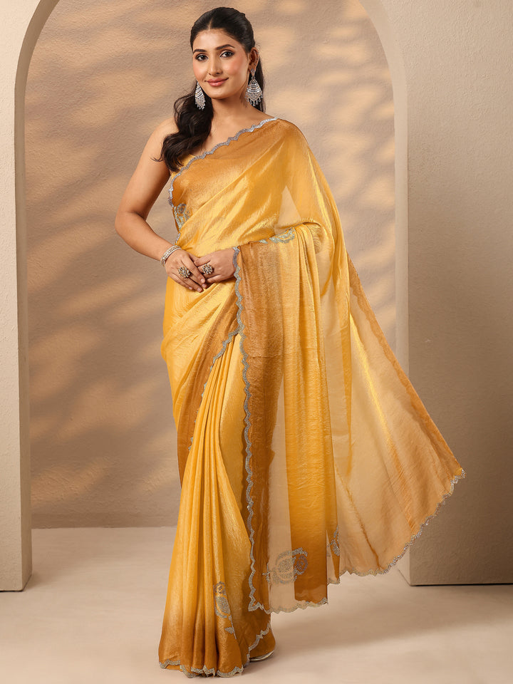 Mustard Embellished Silk Blend Saree With Unstitched Blouse Piece