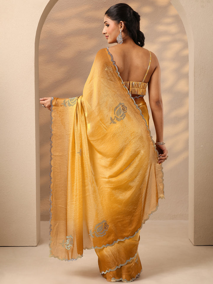Mustard Embellished Silk Blend Saree With Unstitched Blouse Piece