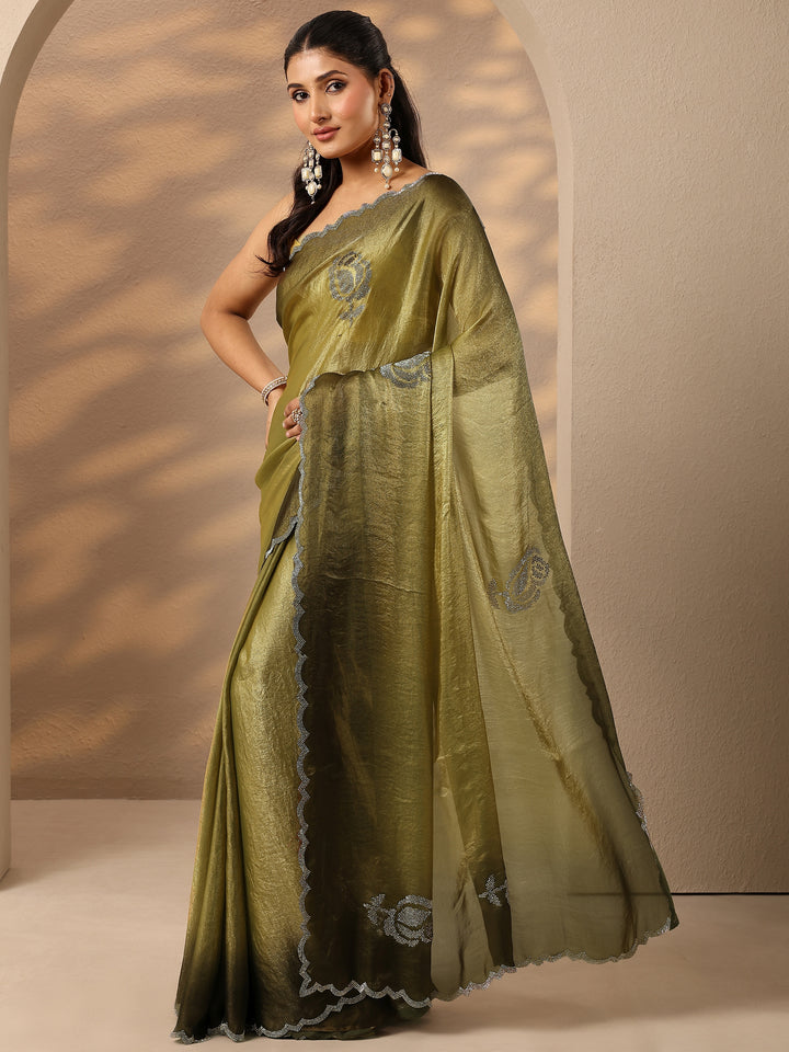 Green Embellished Silk Blend Saree With Unstitched Blouse Piece