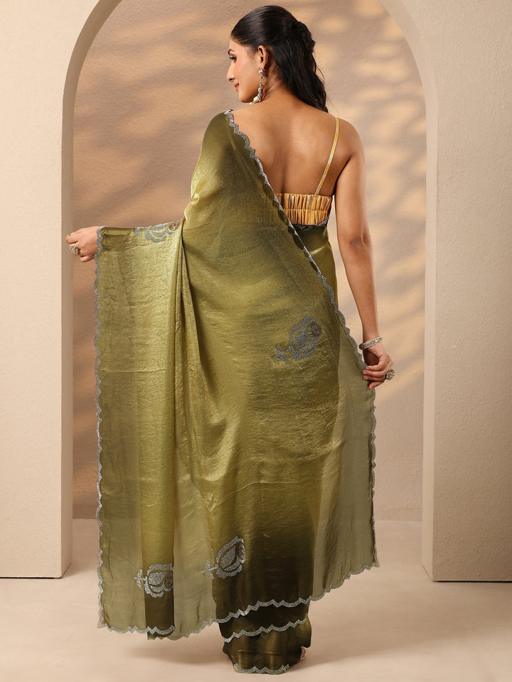 Green Embellished Silk Blend Saree With Unstitched Blouse Piece