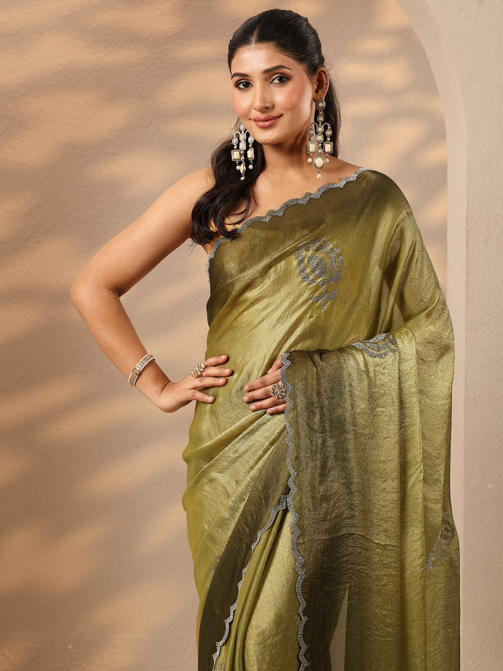 Green Embellished Silk Blend Saree With Unstitched Blouse Piece