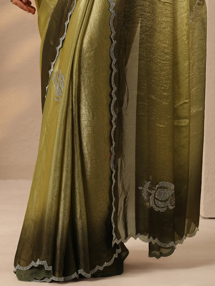 Green Embellished Silk Blend Saree With Unstitched Blouse Piece