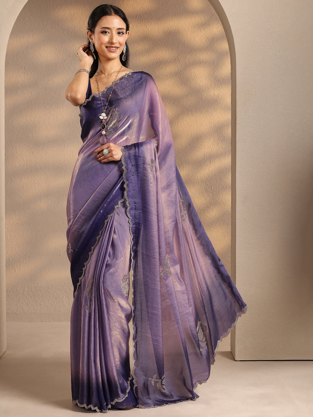 Lavender Embellished Silk Blend Saree With Unstitched Blouse Piece