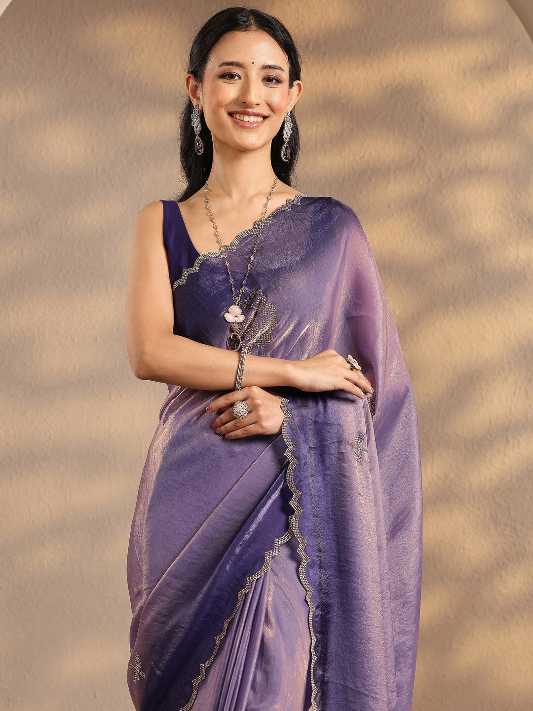 Lavender Embellished Silk Blend Saree With Unstitched Blouse Piece