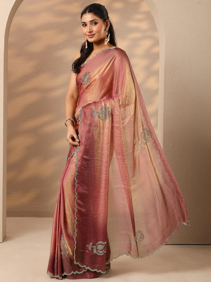 Rust Embellished Silk Blend Saree With Unstitched Blouse Piece