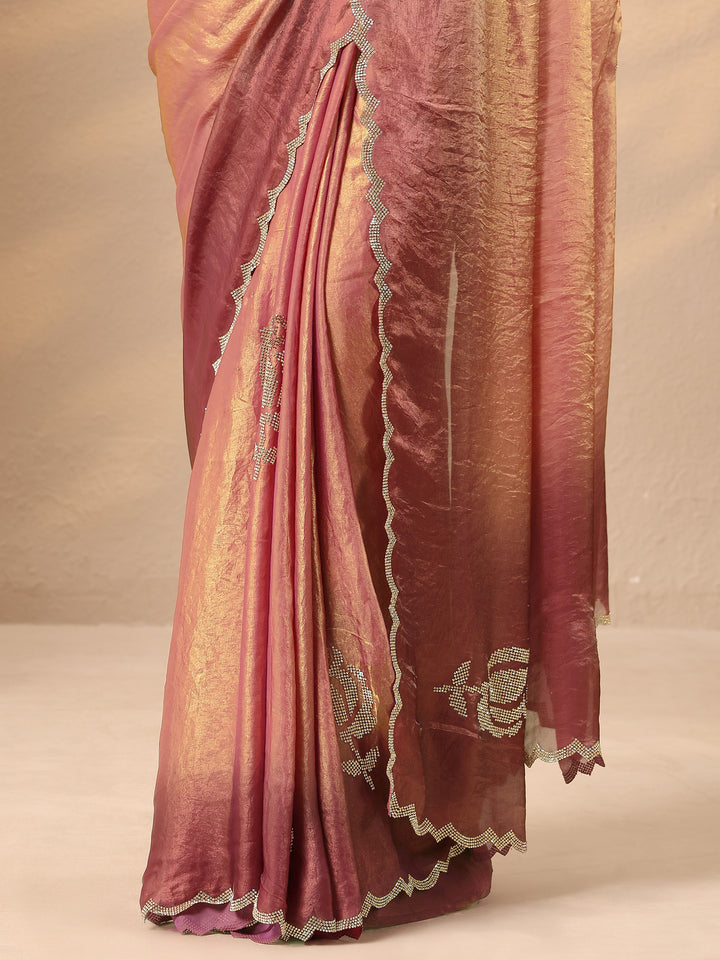 Rust Embellished Silk Blend Saree With Unstitched Blouse Piece