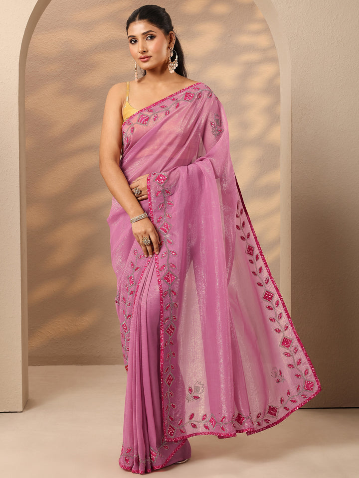 Pink Embellished Silk Blend Saree With Unstitched Blouse Piece