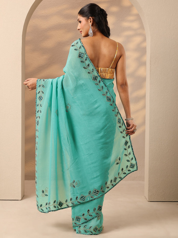 Green Embellished Silk Blend Saree With Unstitched Blouse Piece