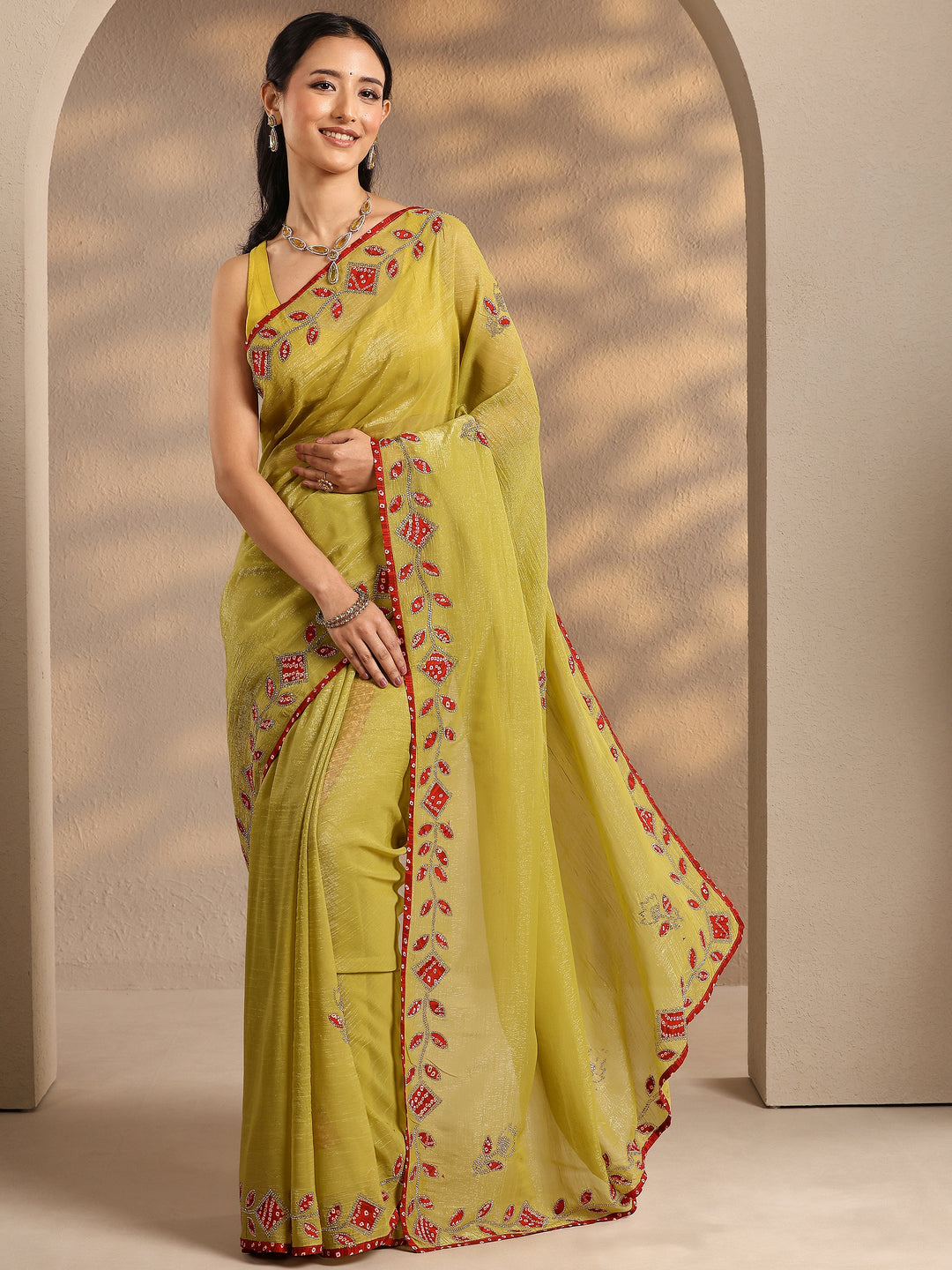 Lime Green Embellished Silk Blend Saree With Unstitched Blouse Piece