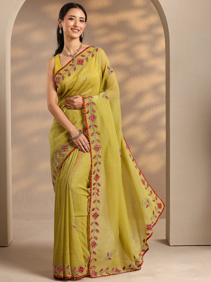 Lime Green Embellished Silk Blend Saree With Unstitched Blouse Piece