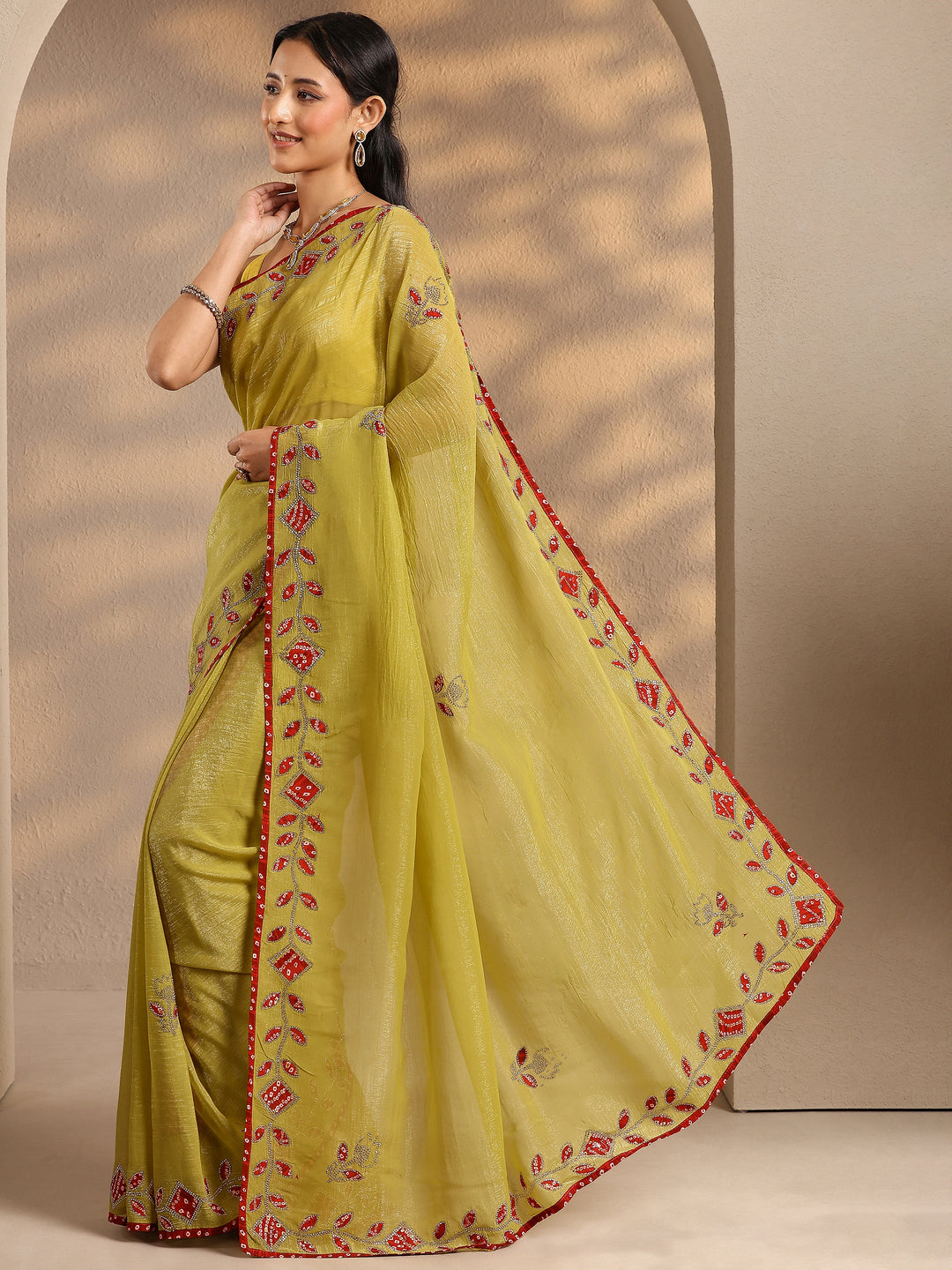 Lime Green Embellished Silk Blend Saree With Unstitched Blouse Piece