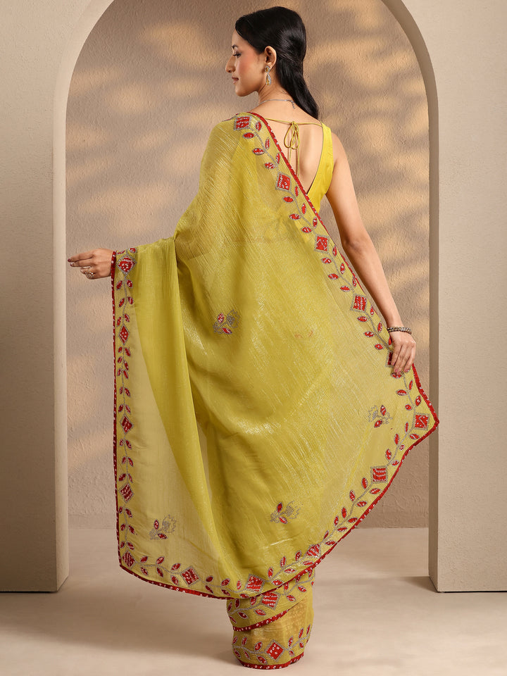 Lime Green Embellished Silk Blend Saree With Unstitched Blouse Piece