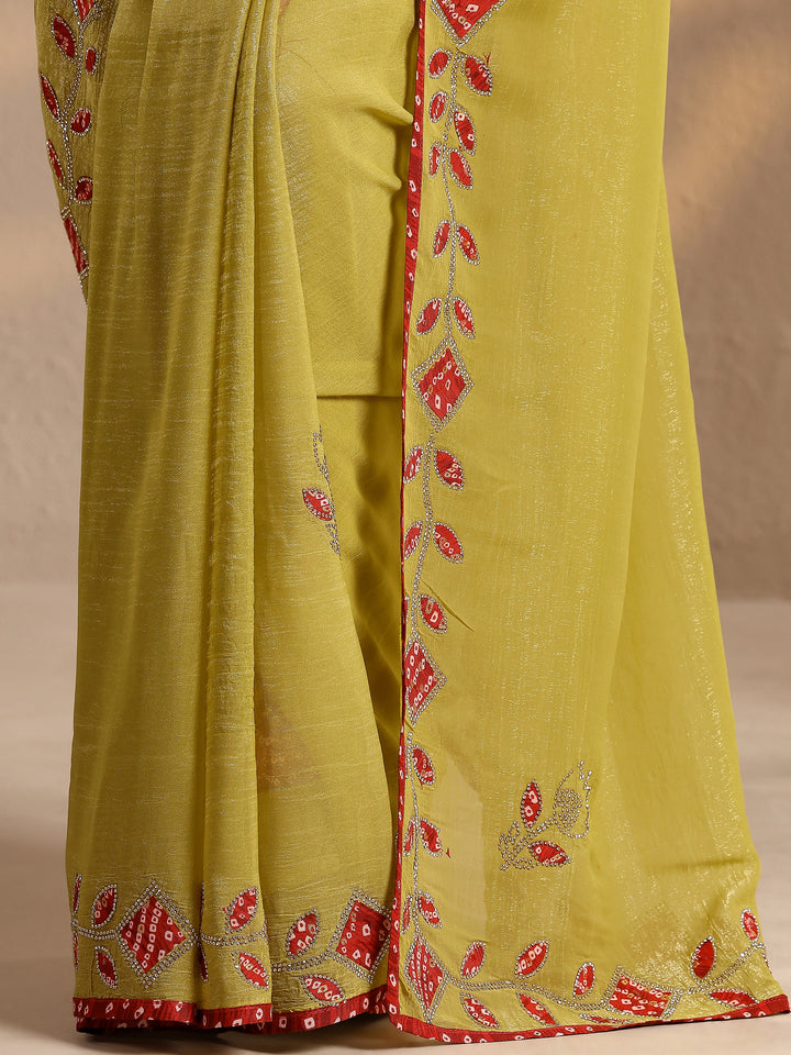 Lime Green Embellished Silk Blend Saree With Unstitched Blouse Piece