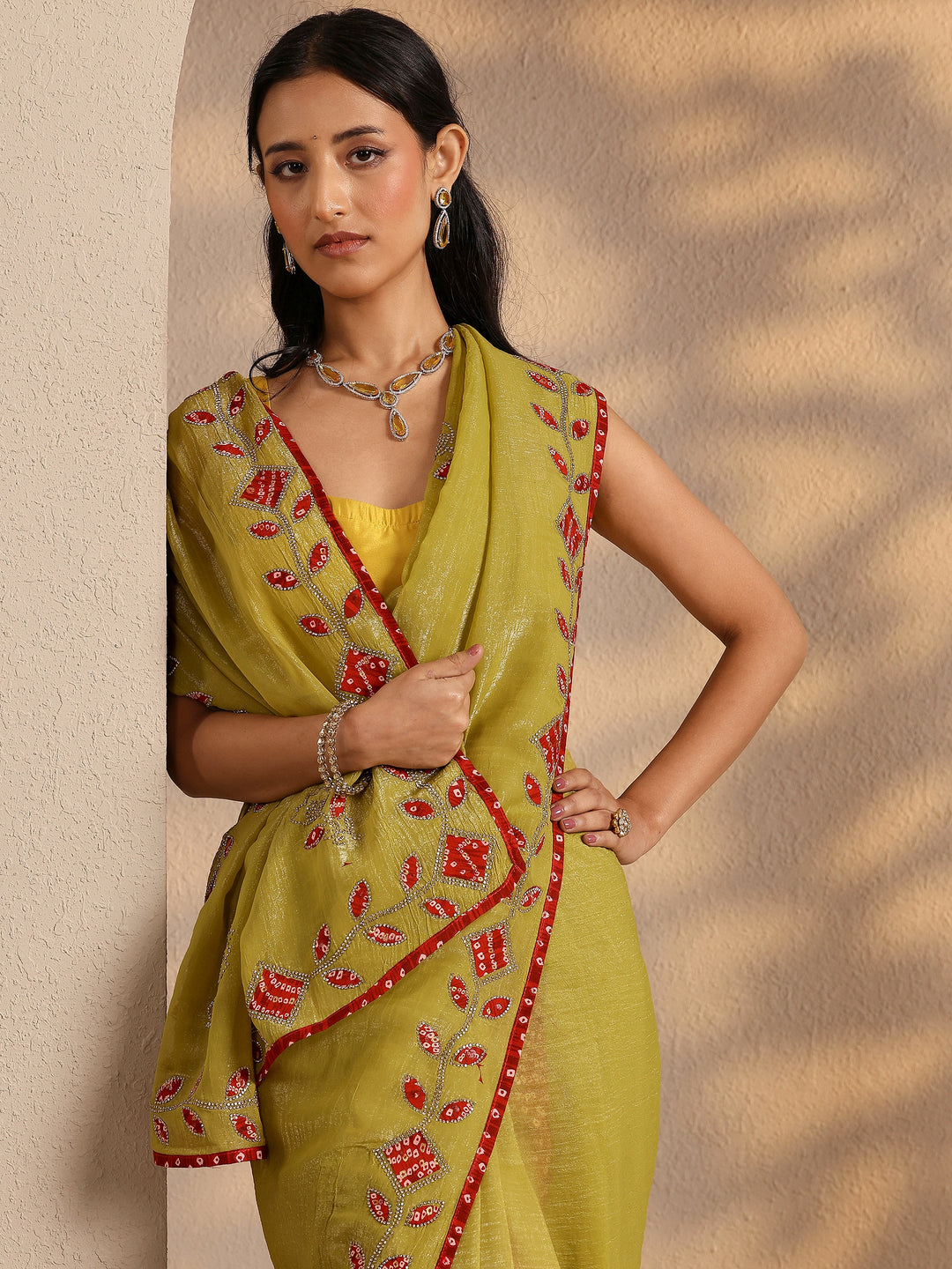Lime Green Embellished Silk Blend Saree With Unstitched Blouse Piece