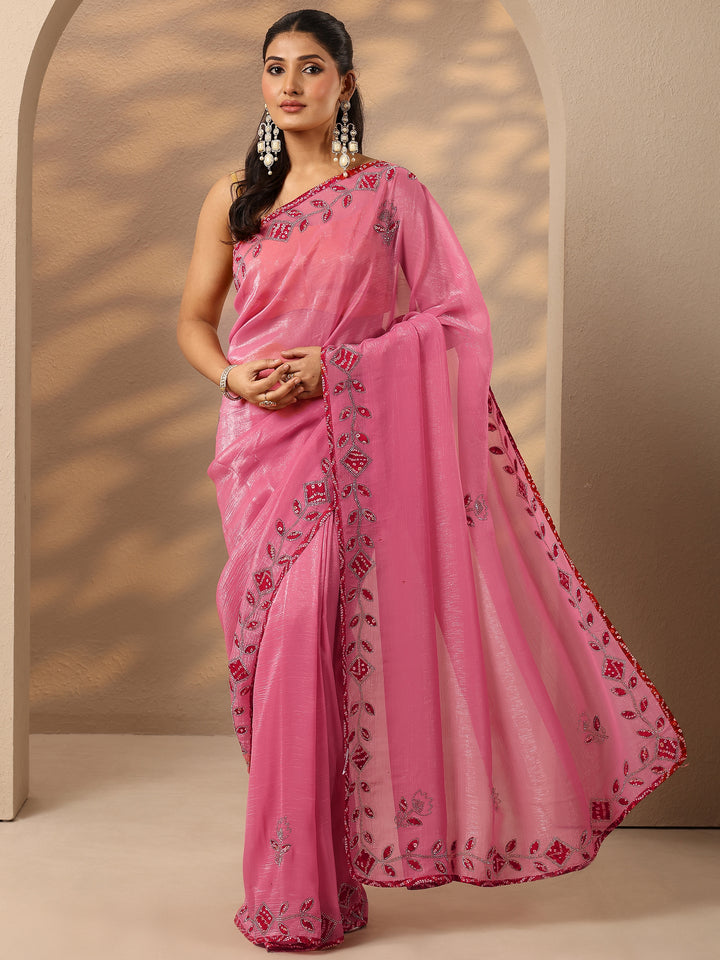 Pink Embellished Silk Blend Saree With Unstitched Blouse Piece