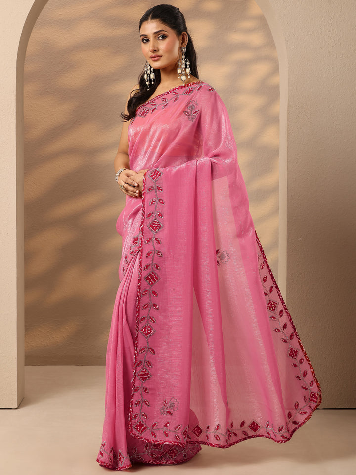 Pink Embellished Silk Blend Saree With Unstitched Blouse Piece