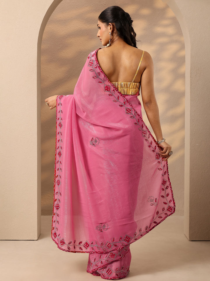 Pink Embellished Silk Blend Saree With Unstitched Blouse Piece