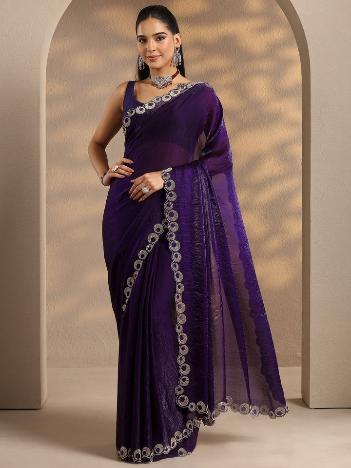 Purple Solid Silk Blend Saree With Unstitched Blouse Piece