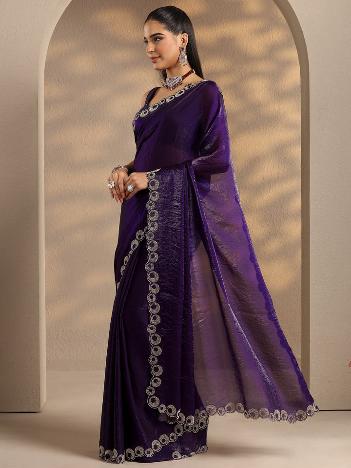 Purple Solid Silk Blend Saree With Unstitched Blouse Piece