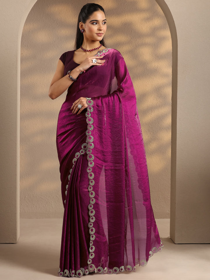 Magenta Solid Silk Blend Saree With Unstitched Blouse Piece