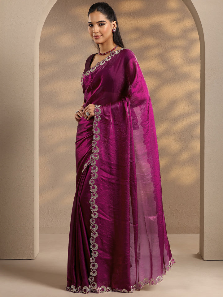 Magenta Solid Silk Blend Saree With Unstitched Blouse Piece
