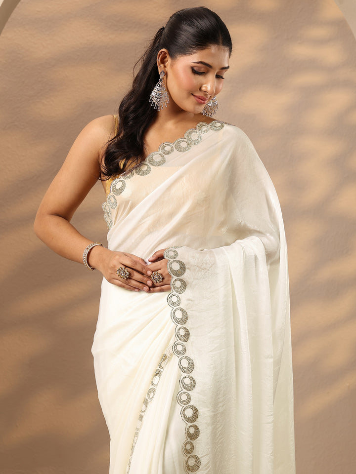 Off White Solid Silk Blend Saree With Unstitched Blouse Piece